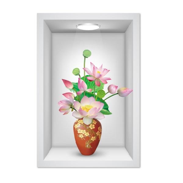 Tranh dán tường ô 3D lọ hoa sen đẹp 005 KT 40 x 60 cm