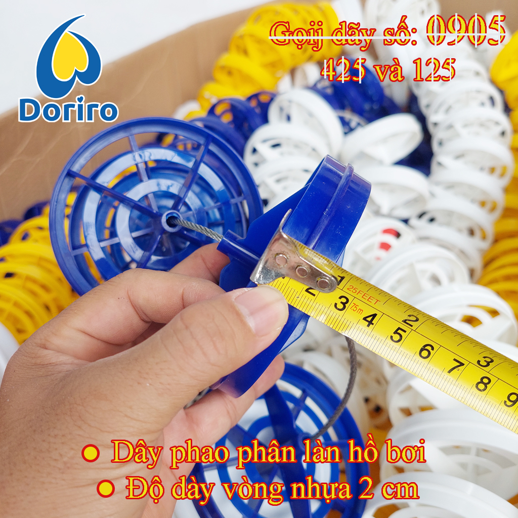 Dây phao phân làn hồ bơi, dài 25 mét và 50 mét HOẶC CHIỀU DÀI THEO YÊU CẪU CỦA KHÁCH, dây xuyên tâm bằng ny-long hoặc bằng thép.