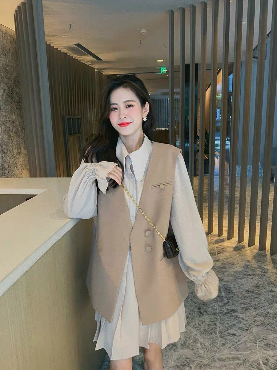 Set đầm sơmi kèm áo khoác gile