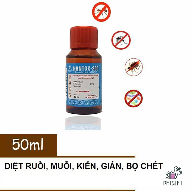 Hantox 200 - 50ml - dung dịch phun, tắm diệt côn trùng, gián, kiến, muỗi, bọ chét, ve chó, ghẻ chó - mã pkcmk62