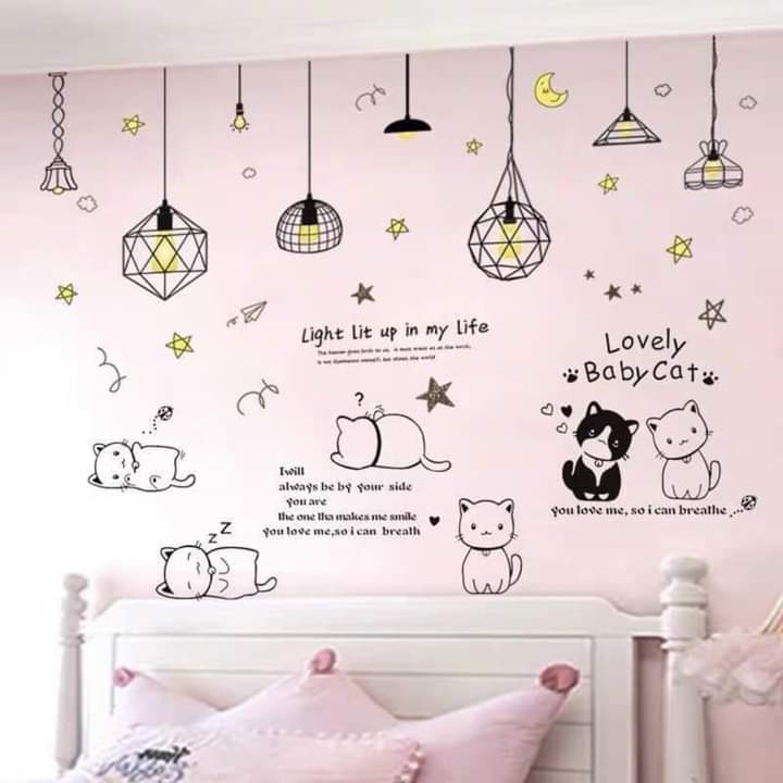 [HCM]DECAL DÁN TƯỜNG CHÙM ĐÈN SAO VÀNG VÀ ĐÀN MÈO