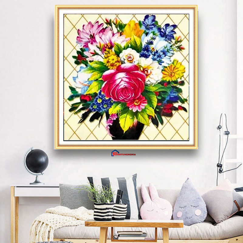 Tranh đính đá bình hoa khoe sắc 60cm x 60cm