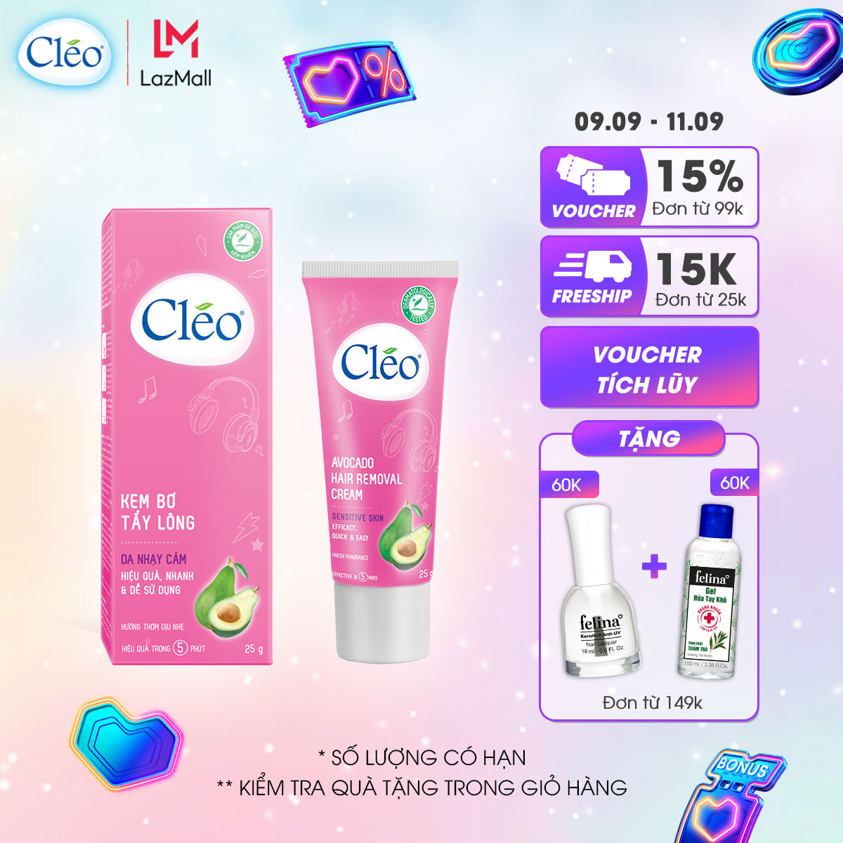 Kem tẩy lông chiết xuất bơ Cleo dành cho da nhạy cảm 25g, an toàn