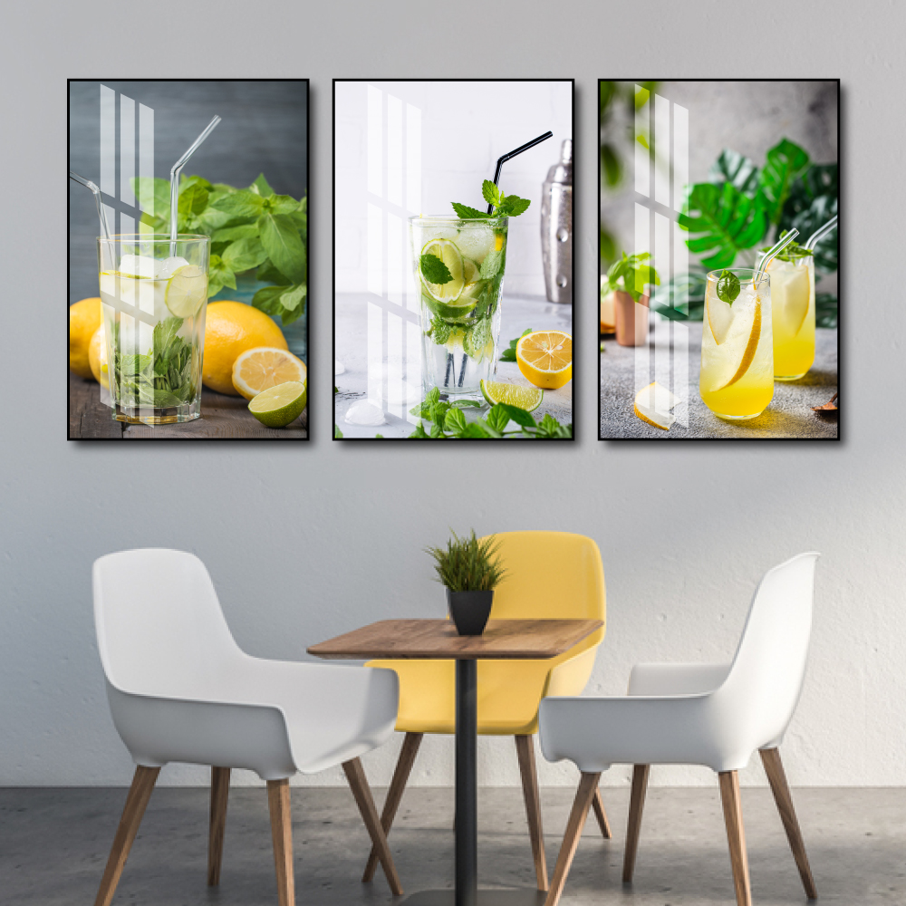 [Collection 2023] Set 3 painting big size wall hanging painting Wall living room food counter dispensing, kitchen, art fruit juice fruit painting coated mirror ball high-end art 3D modern format 40x60 (bundled studs)