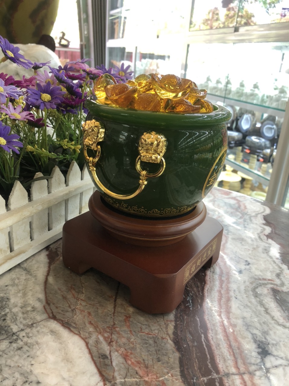 Hủ vàng, Bát Tụ Bảo, Bát tụ tài phong thủy đá ngọc cẩm thạch xanh chiêu tài lộc cho ngôi nhà của bạn - Cao 18 cm