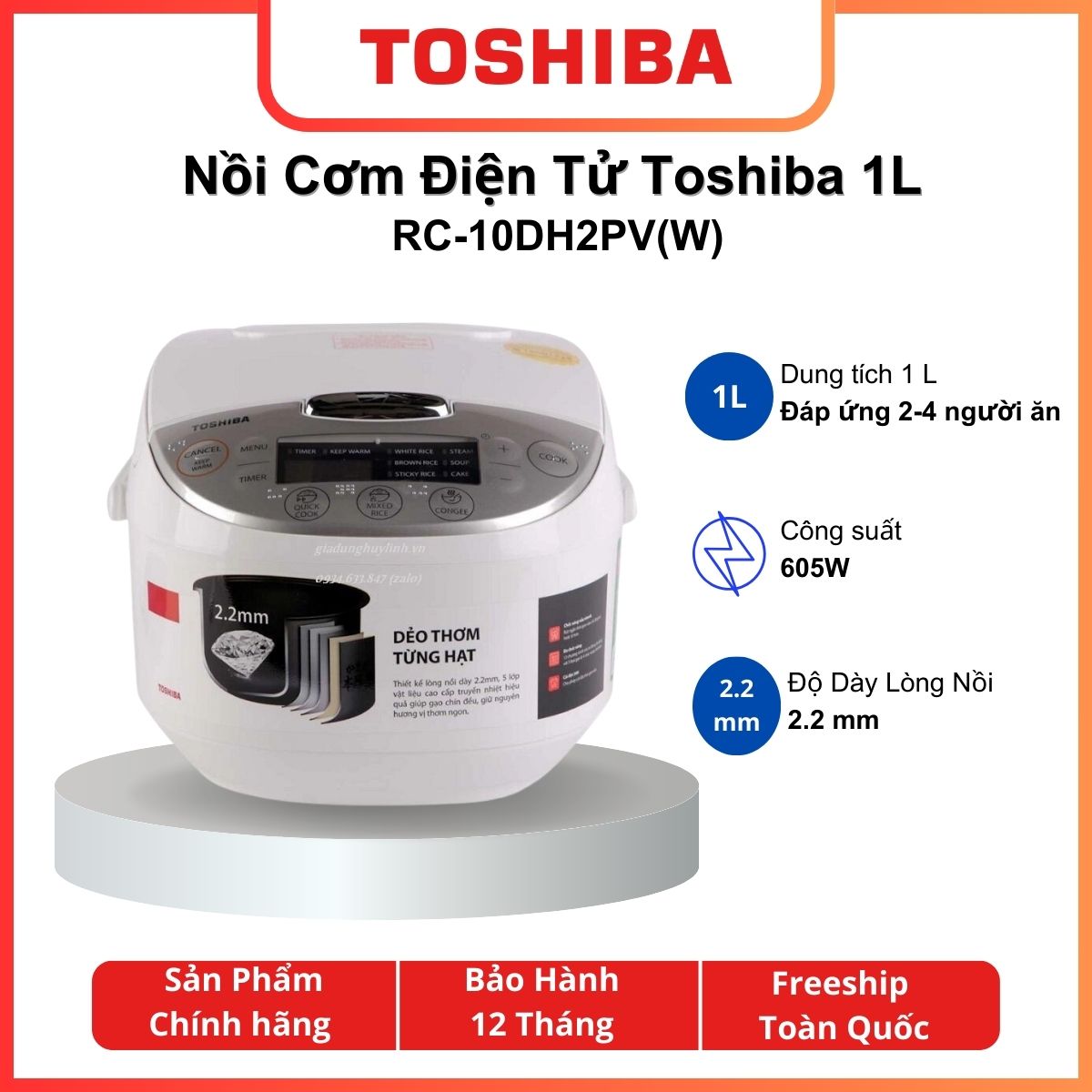 Nồi cơm điện tử Toshiba 1L/1.8L RC-10DH2PV(W)/RC-18DH2PV(W),  11 chức năng nấu - Bảo hành 12 tháng
