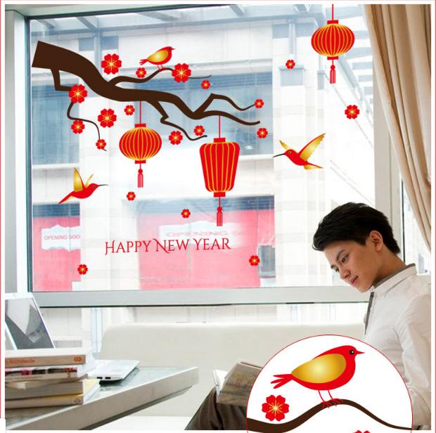 [HCM]Decal Trang Trí Tết - Cành Mai Đỏ Cùng Chim Và Lồng Đèn Đỏ
