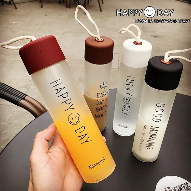 Bình Nước Thuỷ Tinh Mờ Và Trong Suốt Happy Day 400 Ml