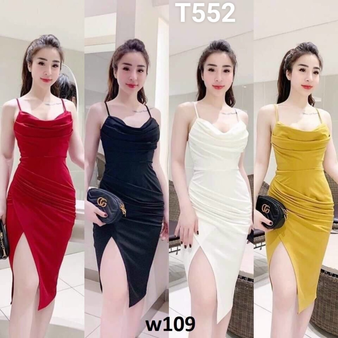 Đầm body cát hàn 2 dây cổ đổ dáng ôm T552