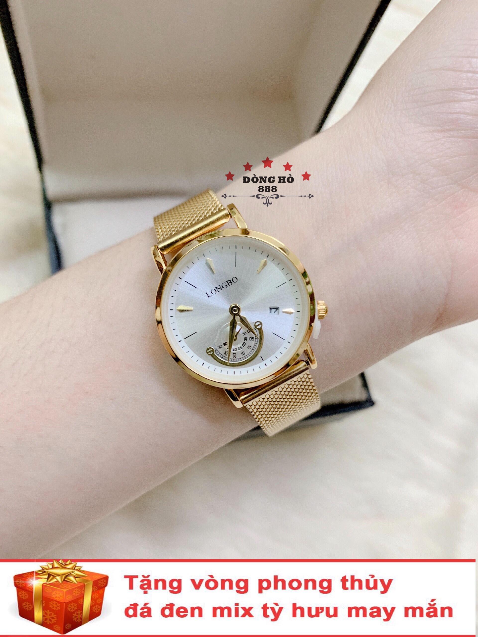 Đồng hồ nữ LONGBO dây mành có lịch ( LB80432 dây vàng mặt trắng ) - TẶNG 1 vòng tỳ hưu phong thuỷ