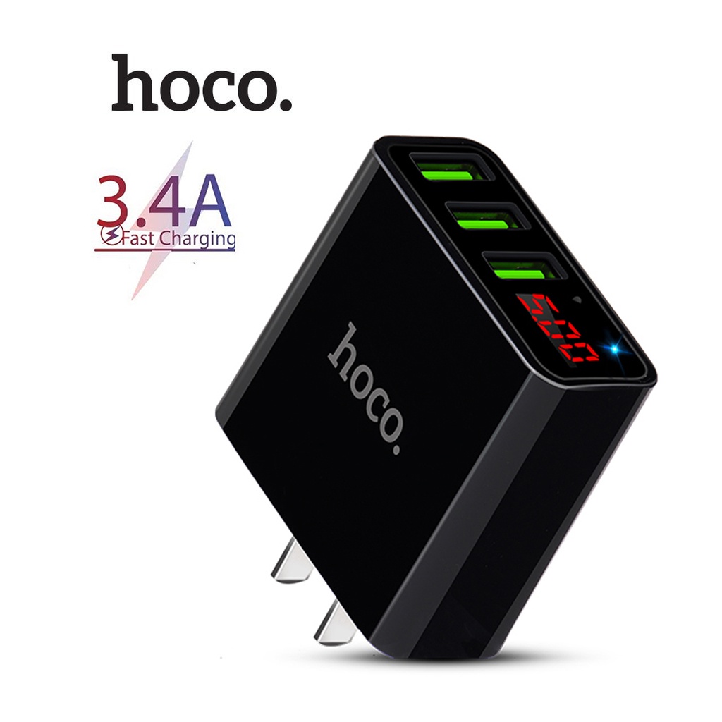 Cốc sạc 3.4a hoco c15 màn hình led 3 cổng usb chân dẹt chất liệu pc cao cấp