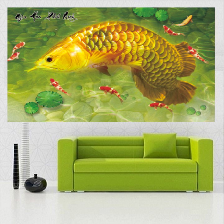 Tranh đính đá Cá Rồng cửu ngư Gia Hòa Phú Quý 115x75