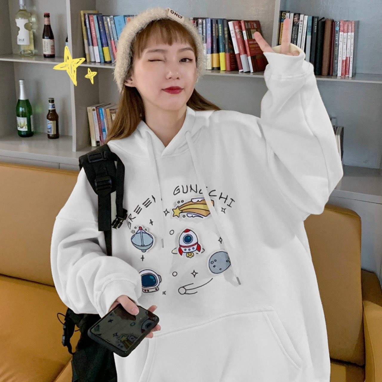 [HCM]Áo Hoodie Nữ (Nam) Form Rộng In Hoạt Hình Vũ Trụ Cực Đẹp- BLK