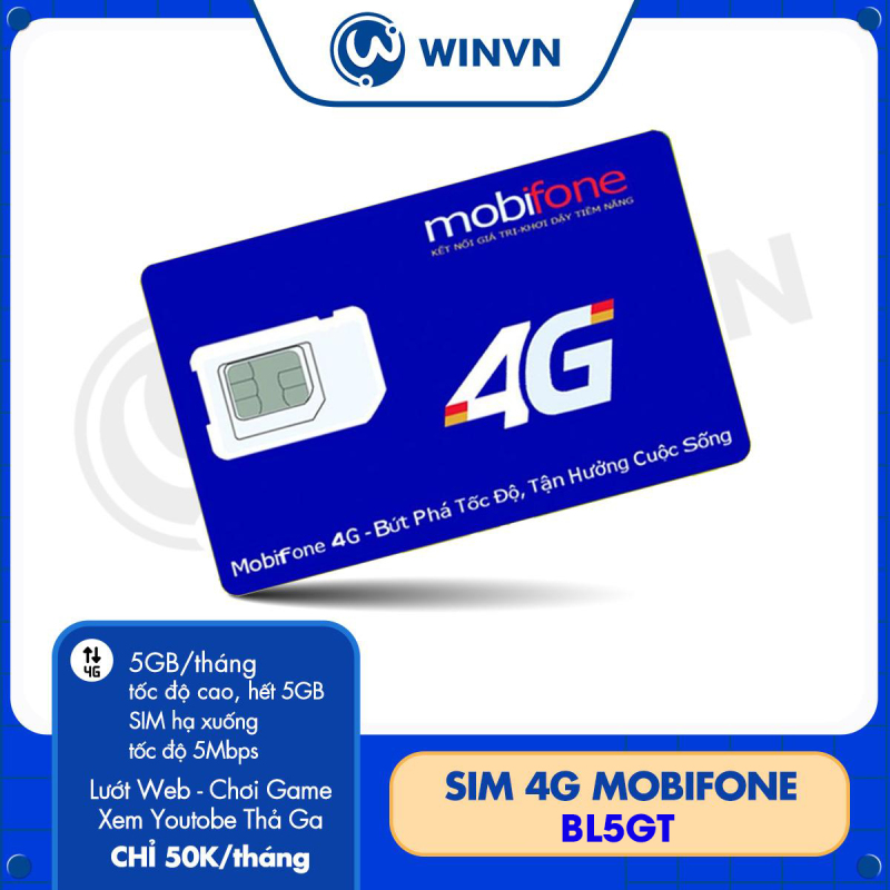 Sim 4G Mobifone BL5GT maxdata - Tặng 5GB/Tháng - Lướt Web - Chơi Game - Xem Youtobe Thả Ga chỉ 50k/tháng.