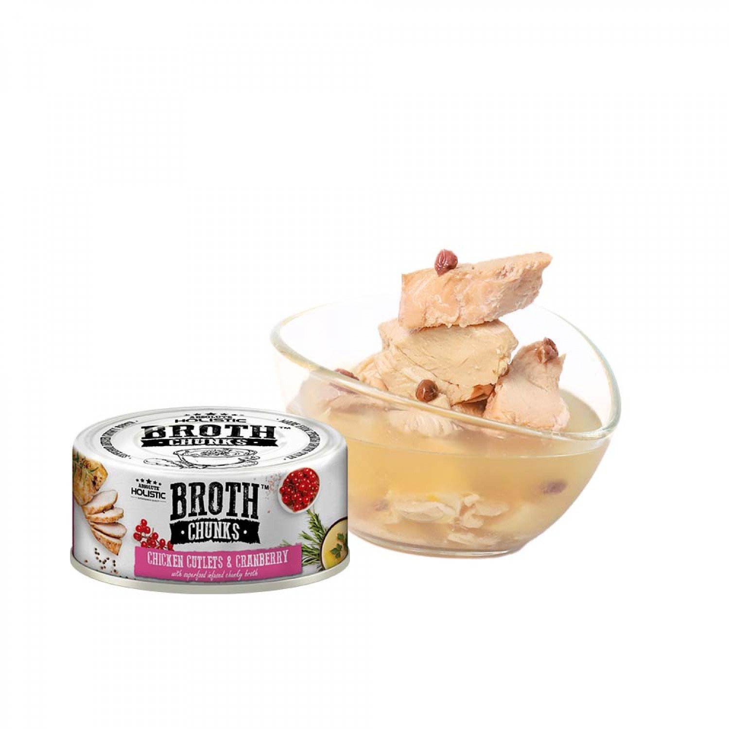 Pate gà cá cắt khúc Absolute Holistic Broth Chunks cho chó và mèo lon 80g
