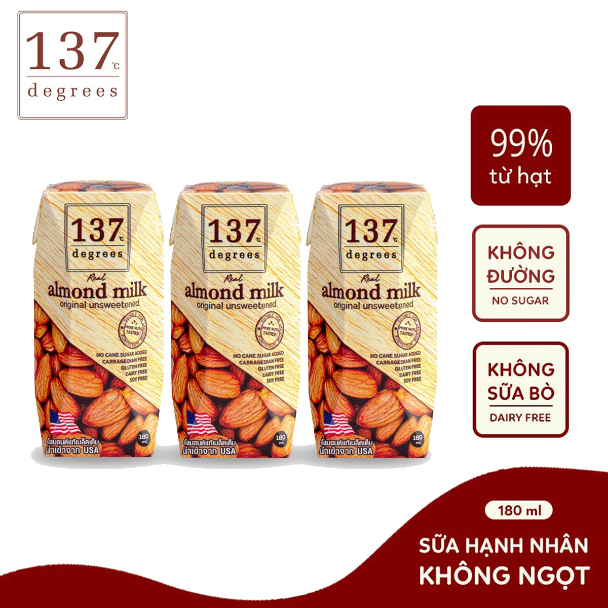 Lốc 3 hộp sữa hạt hạnh nhân nguyên chất không đường almond milk unsweetened original 137 degrees 180ml