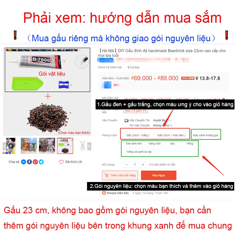 【Hà Nội】DIY Gấu đính đá handmade Bearbrick size 23cm cao cấp cho mọi lứa tuổi