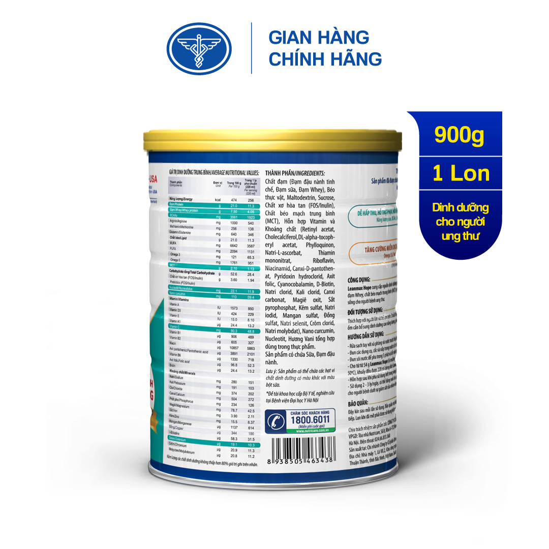 Lon sữa Leanmax Hope 900g - dinh dưỡng y học dành cho người ung thư