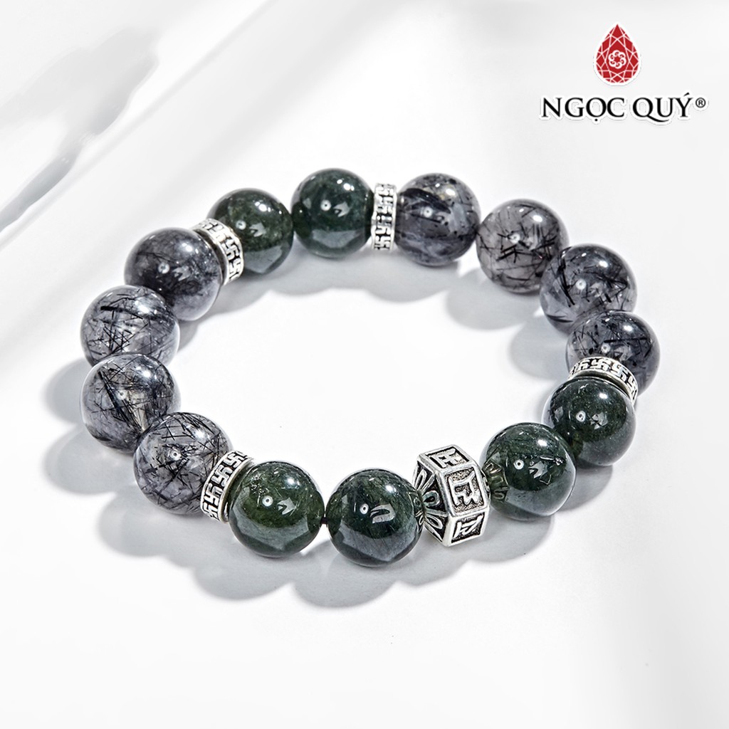 Vòng tay thạch anh tóc xanh phối thạch anh tóc đen và charm hoa hạt 12mm - ngọc quý