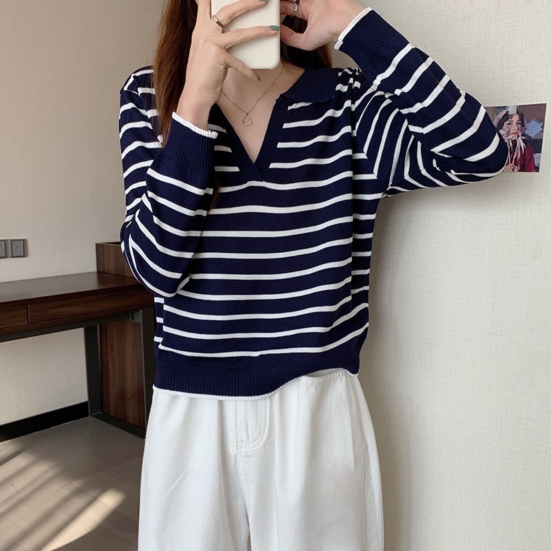 ₪ Áo len tay dài cổ bẻ dáng rộng kẻ sọc