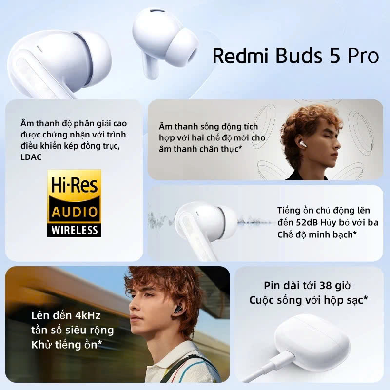 Tai nghe Bluetooth Redmi Buds 5 Pro | Chất âm HIFI cao cấp | Khử tiếng ồn 3MIC+AI | Thời lượng pin 38 giờ