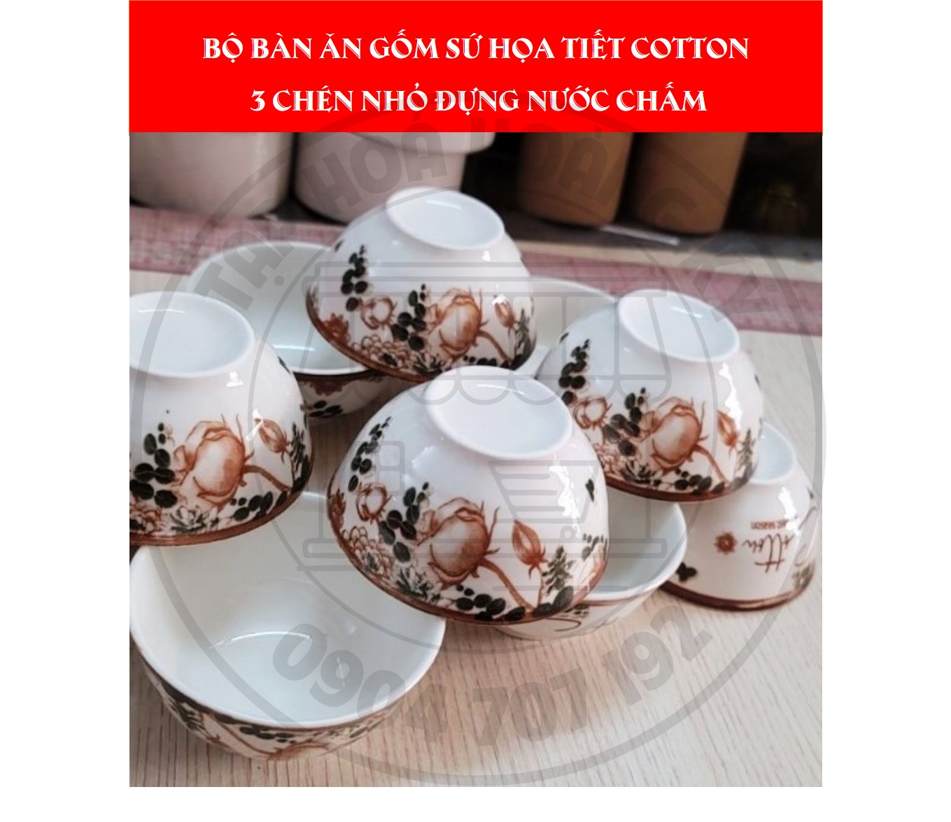 Bộ tô, chén, dĩa gốm sứ hoa văn Cotton (Gồm 3 Tô bầu, 4 Dĩa, 6 Chén cơm, 6 Đôi đũa, 3 Dĩa tương, 3 chén chấm )
