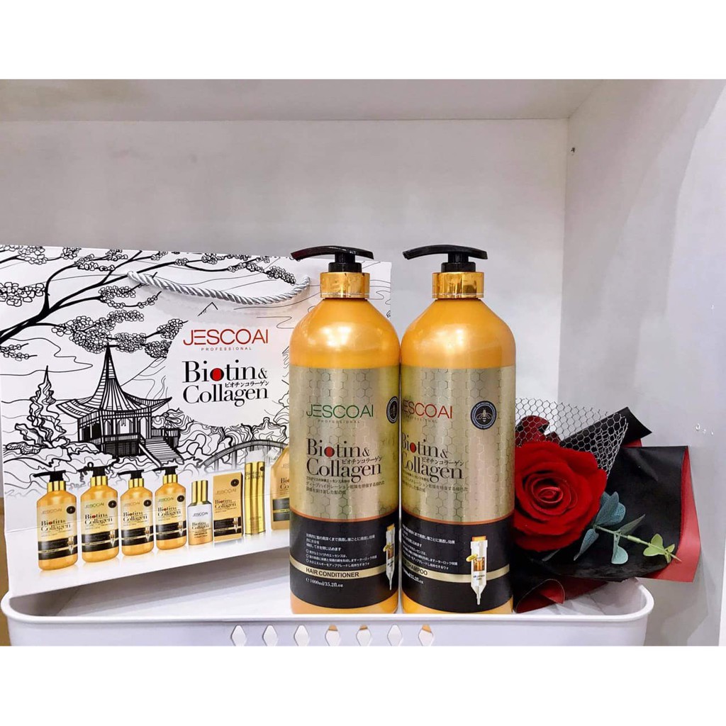 Cặp dầu gội xả biotin collagen hương mật ong jescoai 1000ml x2