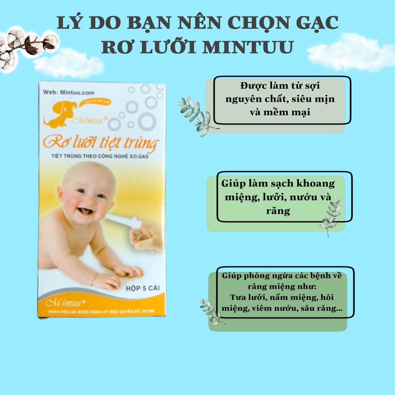Rơ lưỡi cho bé, gạc rơ lưỡi Mintuu (hộp 5 chiếc)