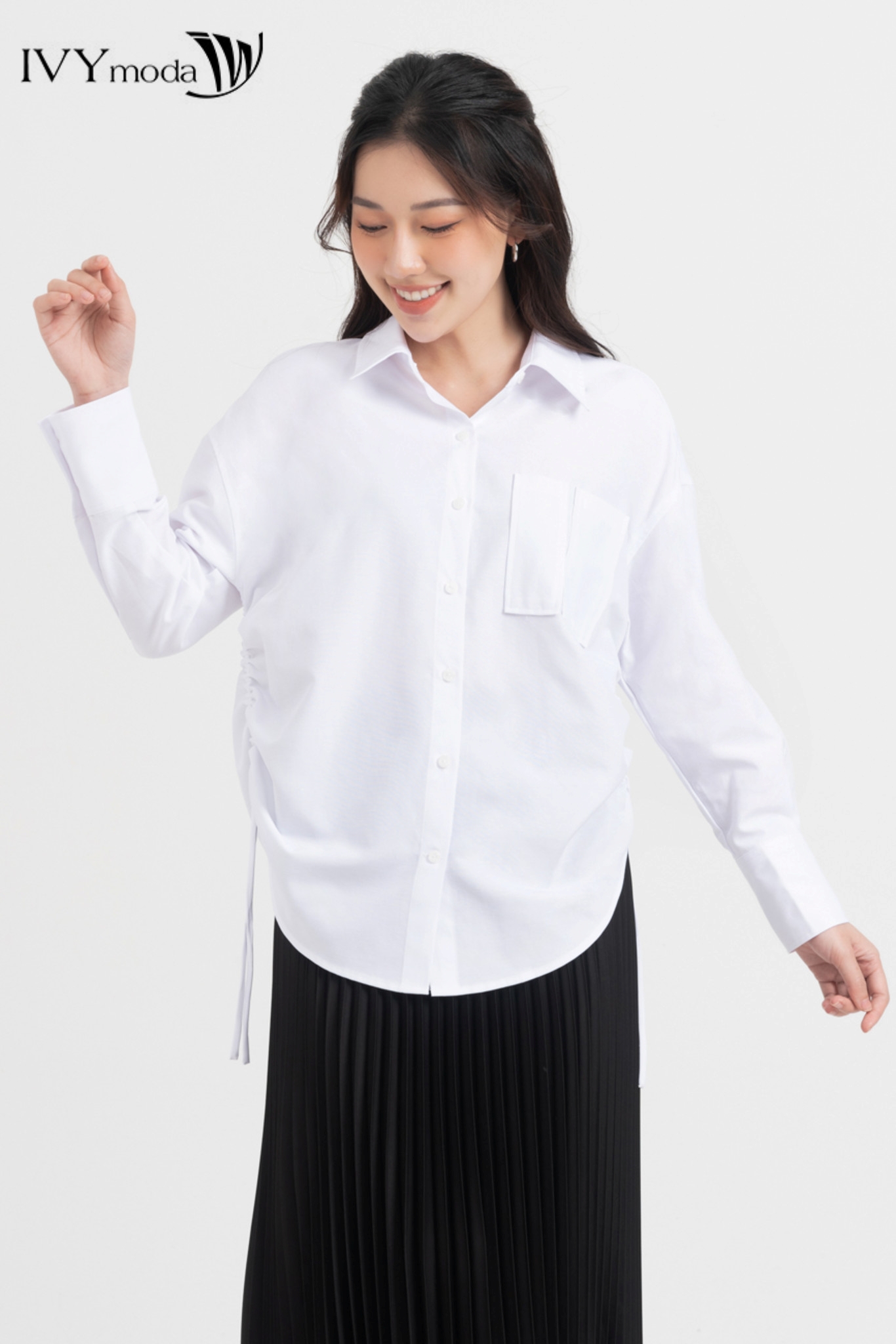 Áo sơ mi phối dây rút eo ivy moda ms 17b9484
