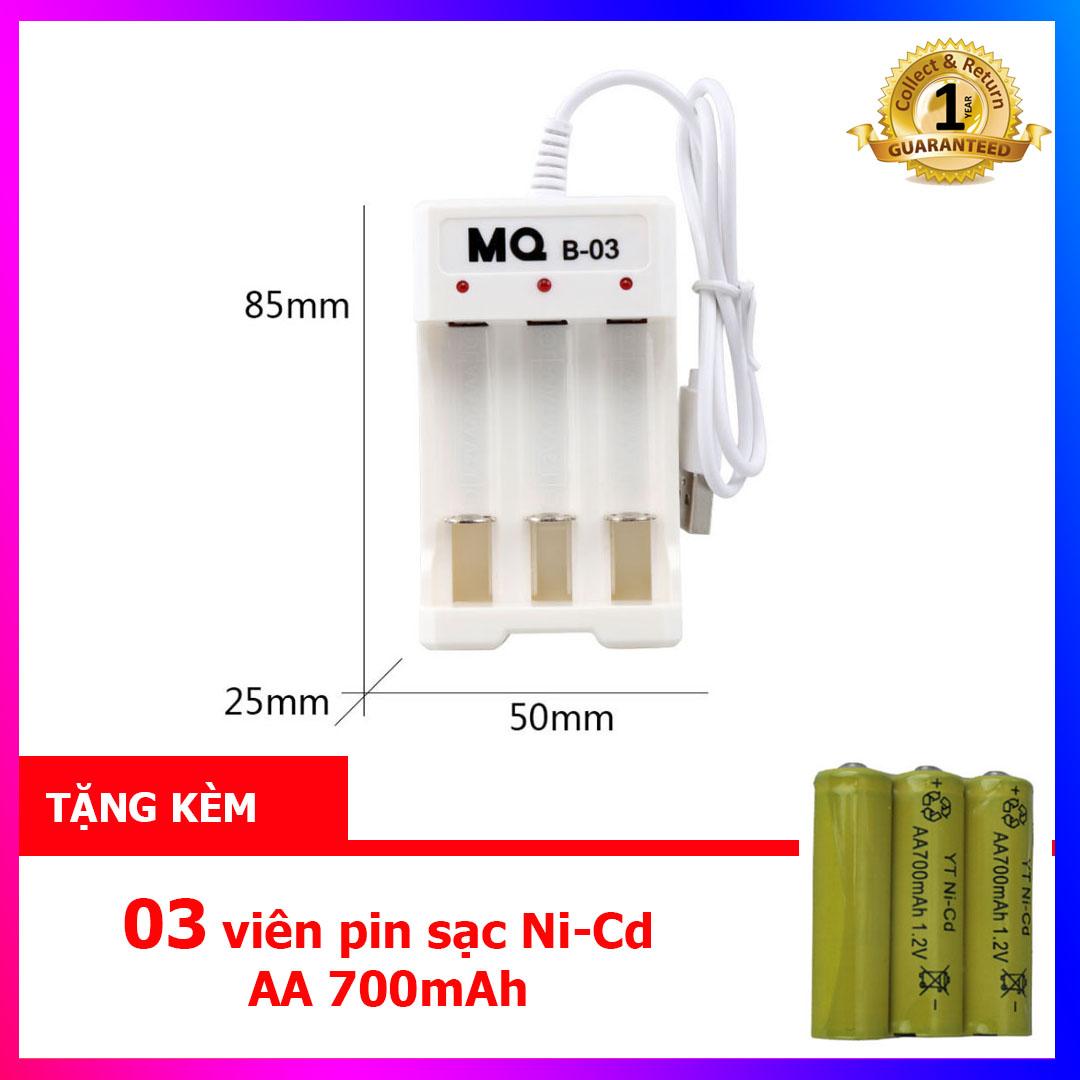 Combo Bộ sạc pin AA, AAA 03 cổng (sạc pin Ni-Cd) - MQ-03 + tặng kèm 03 viên pin sạc AA 700mAh