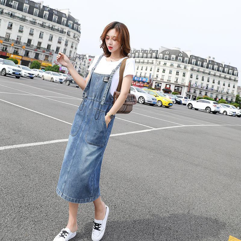 Yếm váy jean nữ,yếm jean dài nữ rút dây eo form dài qua gối, mẫu mới Pinky79shop tb1