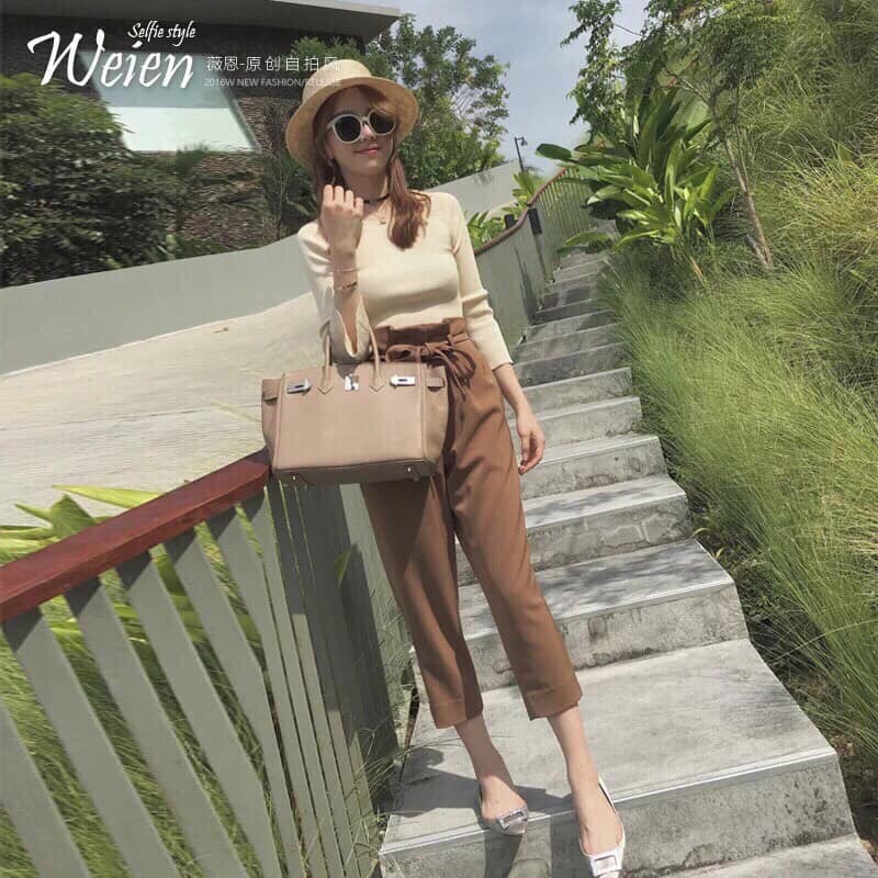 Sét bộ thun da cá áo trắng tay dài quần nâu cạp cao phối nơ eo sang chảnh ttsa0602