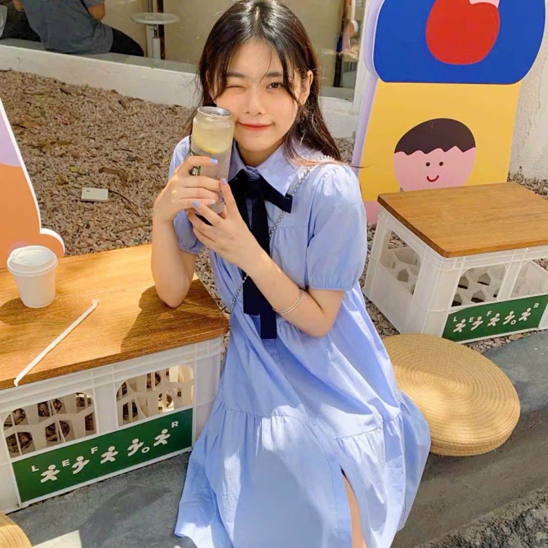 Đầm babydoll xanh nơ cổ