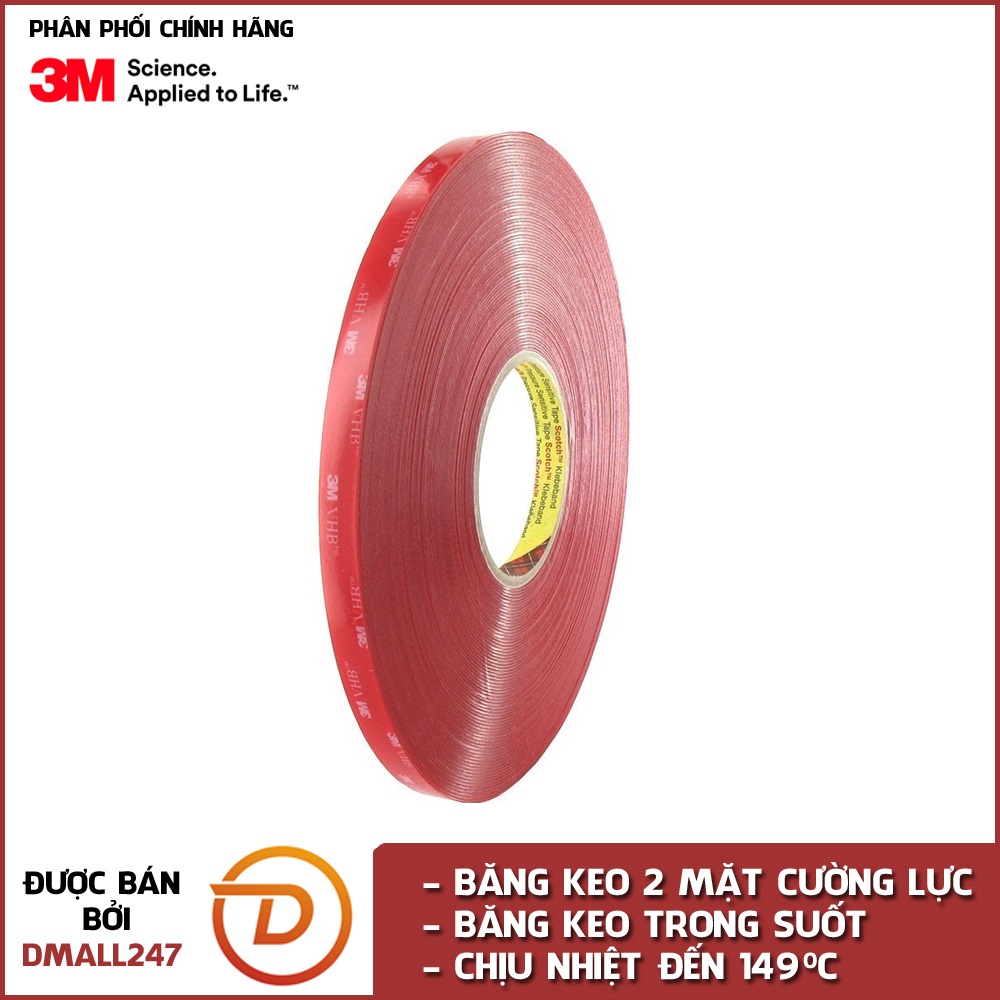 Băng keo cường lực trong suốt 3M khổ 08mm x 33m VHB 4910-08 - Dmall247, Siêu dính, thay thế ốc vít, sản xuất, thi công, chuyên dụng, bán sỉ giá tốt, dễ sử dụng, hiệu quả cao, có cắt theo kích thước yêu cầu