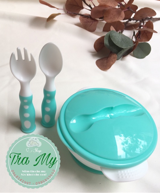 Bát ăn dặm chống đổ có nắp đậy  thìa và dĩa