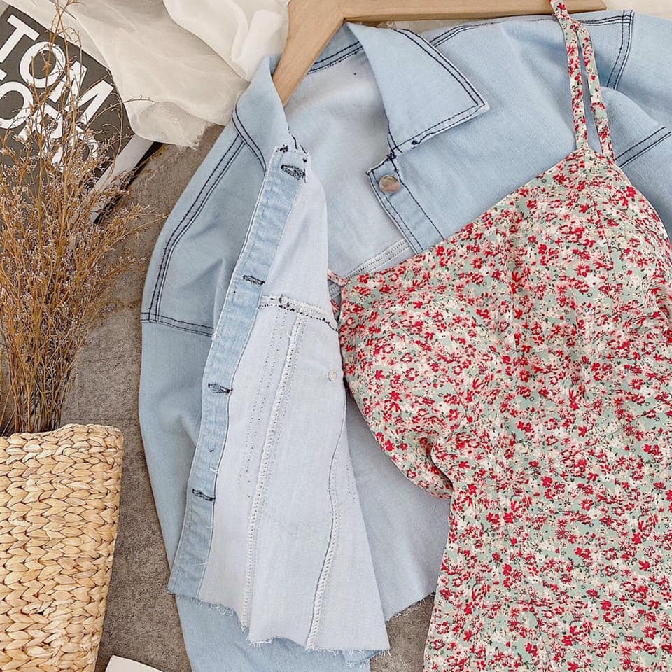 [HCM]Set đầm 2s hoa + khoác crop jean ??