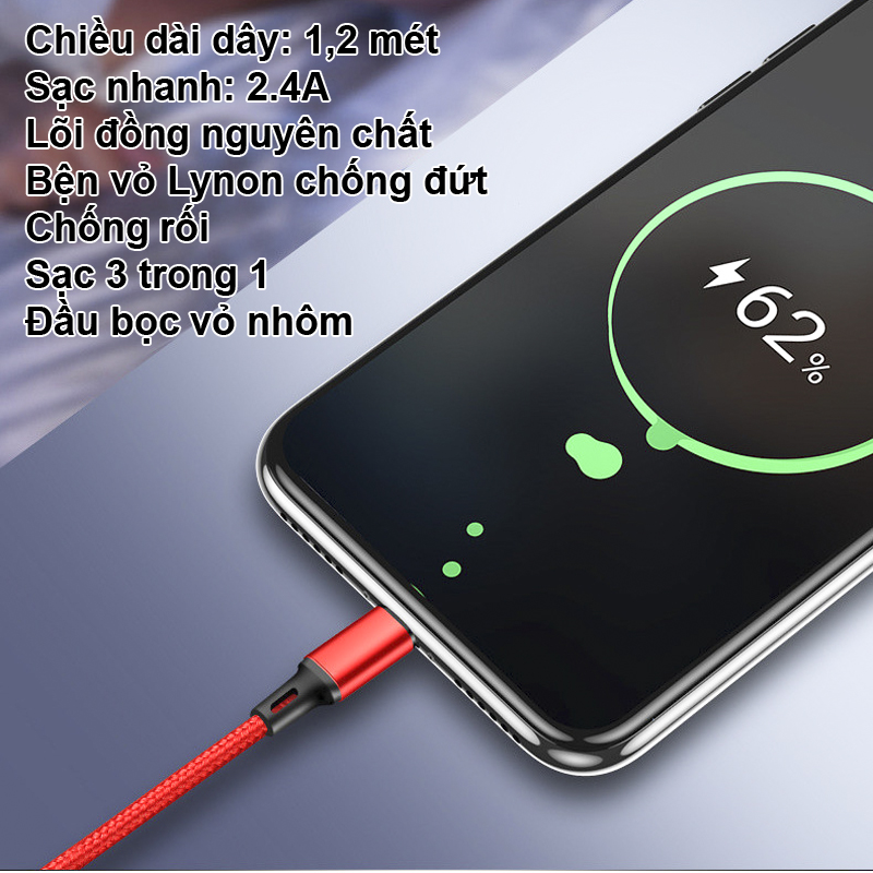 Cáp Sạc 3 đầu NHÔM dây dù Táo Android TypeC (V9)