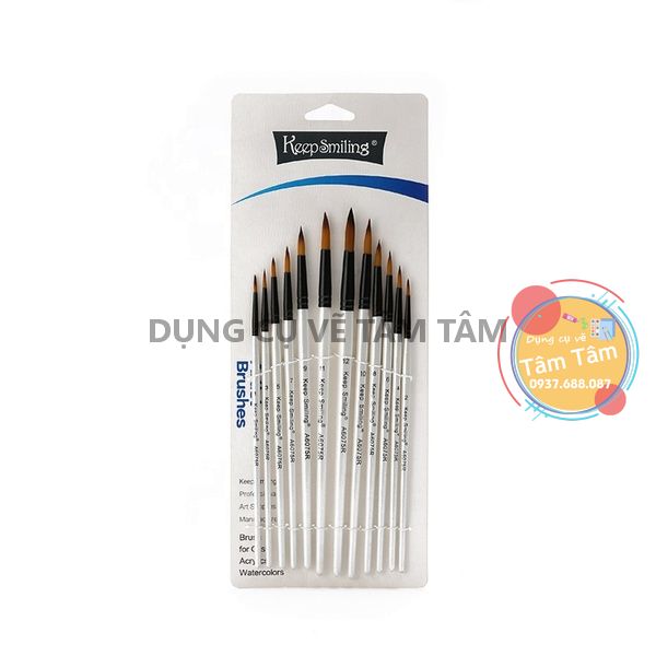 Bộ cọ keep smiling 12 cây thân trắng, bộ cọ đầu tròn 12 cây, keepsmiling a6075r-dụng cụ vẽ tâm tâm