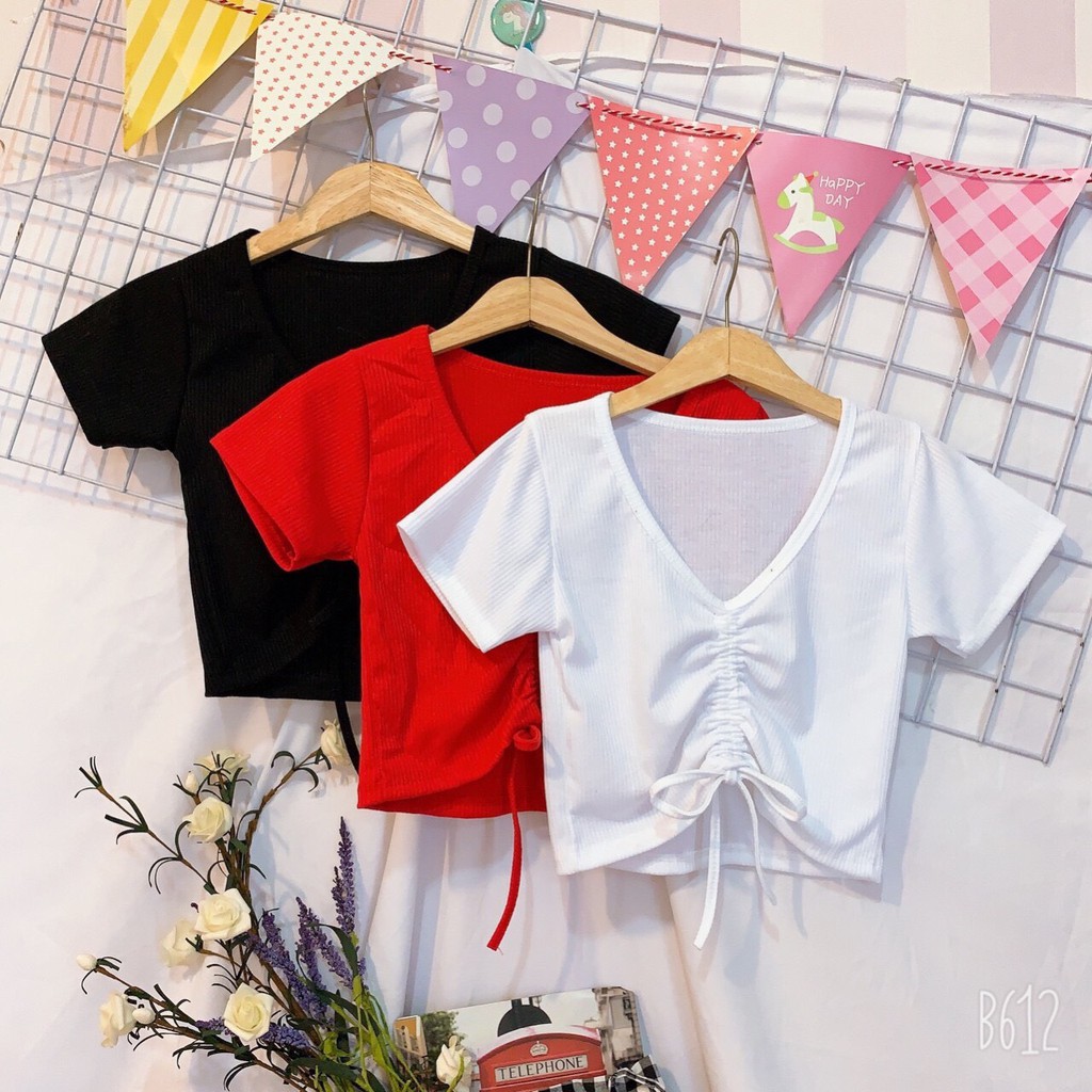 [HCM][HÌNH THẬT] ÁO THUN CROPTOP ÔM BODY RÚT DÂY TRƠN BASIC 43