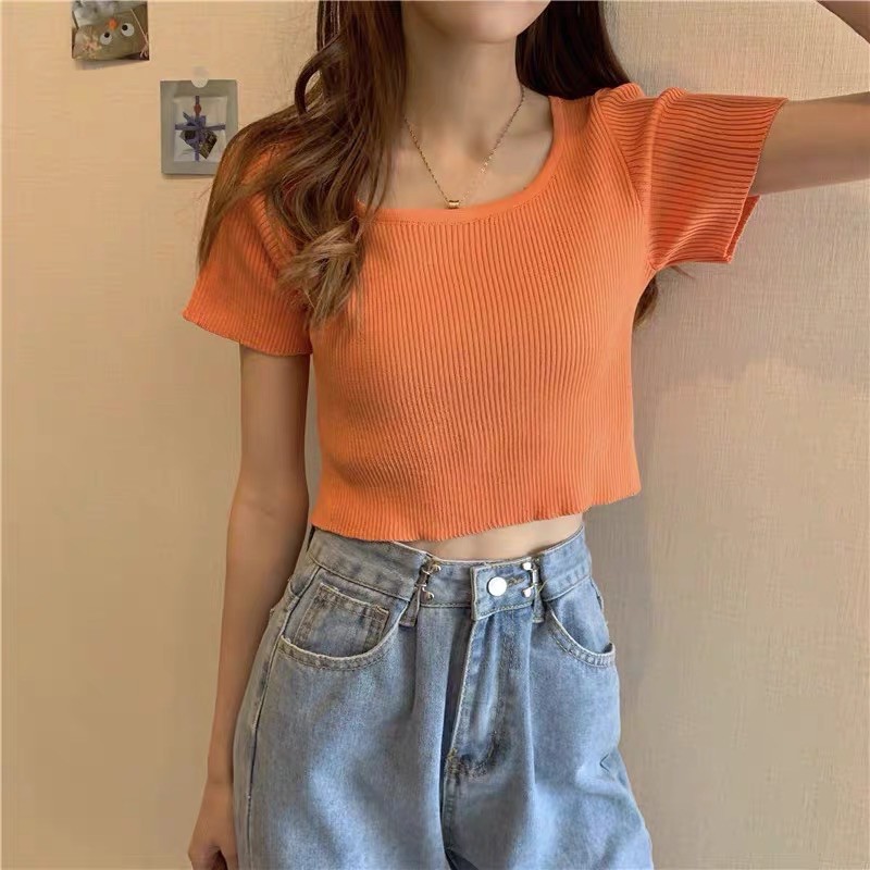 Ms042 áo len tăm croptop cổ chữ u
