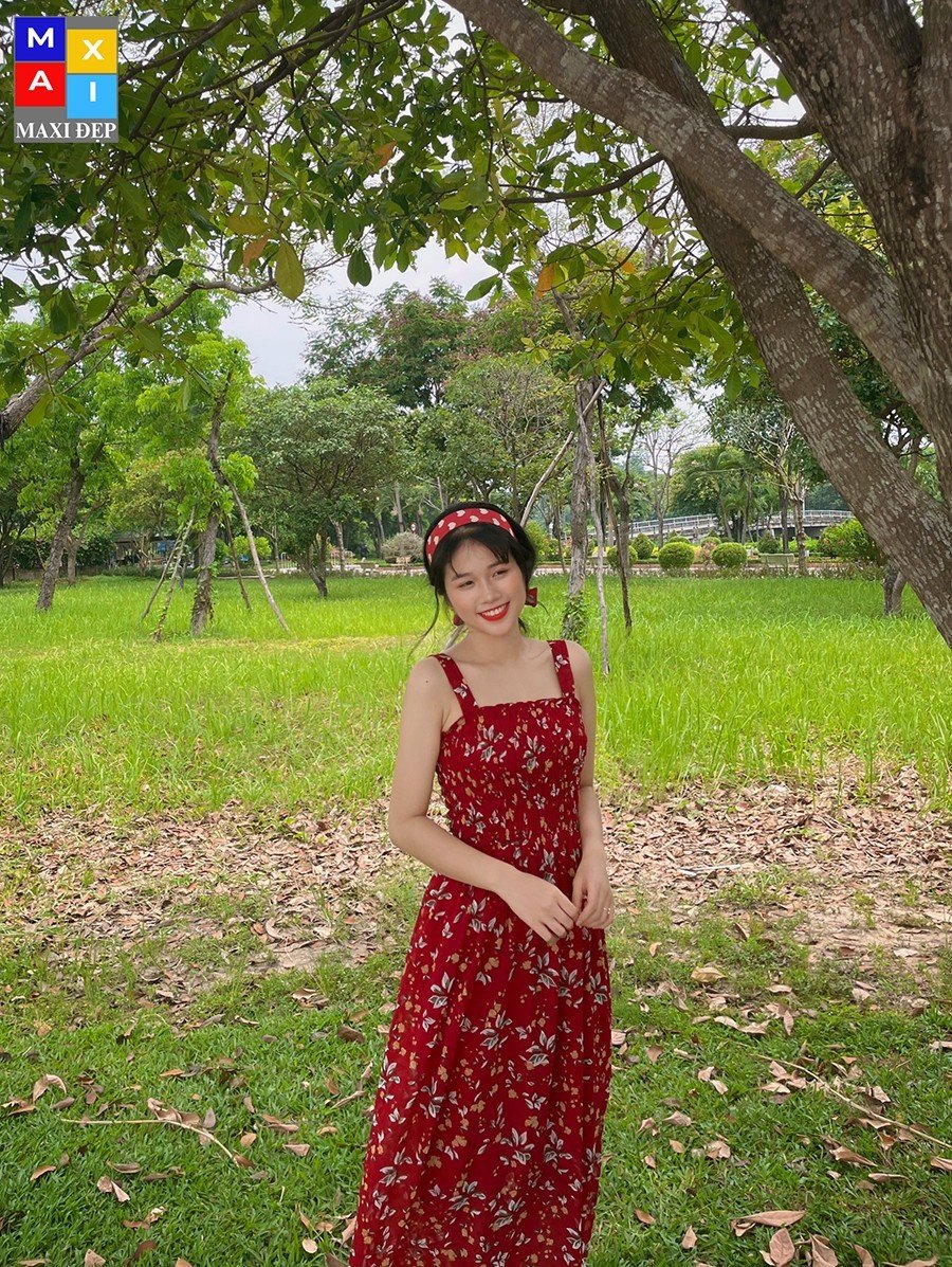 Đầm 2 Dây Hoa Đỏ Maxi Đẹp Hottrend Freesize Cho Nàng