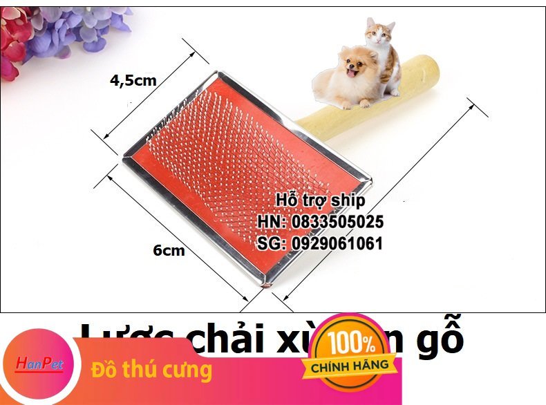 Hanpet -  Lược chải lông xù cán gỗ cho chó mèo, công dụng lấy lông chết, làm bông lông, tạo kiểu