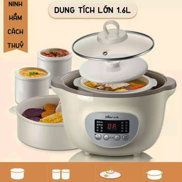 Nồi nấu cháo chậm - chưng - hấp 1,6l hãng Bear
