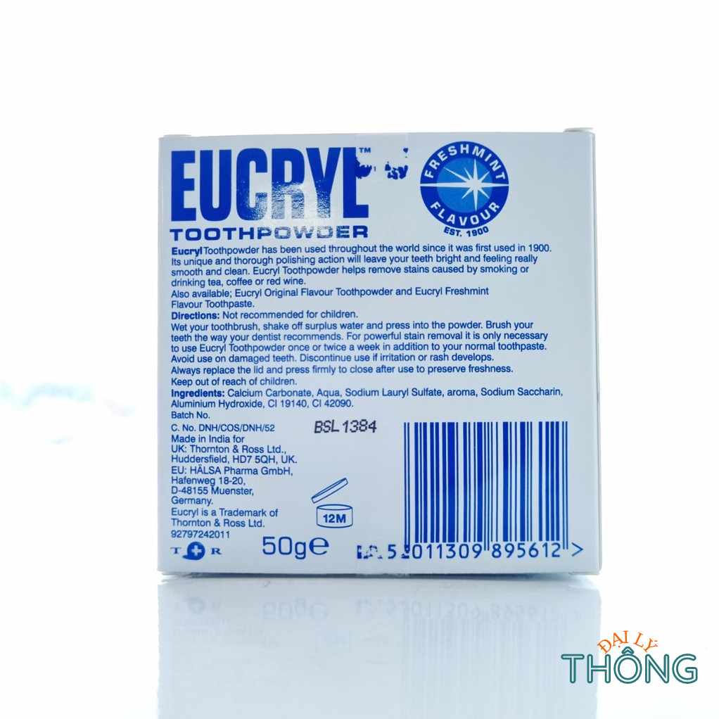 Kem đánh răng Eucryl bột đánh trắng răng bạc hà thơm mát Eucryl Toothpaste Freshmint 62g