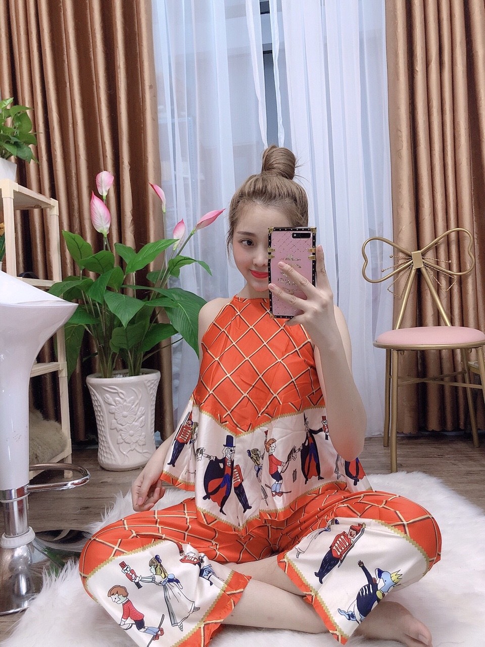Sét bộ lụa satin dài tay phối lai-MTB