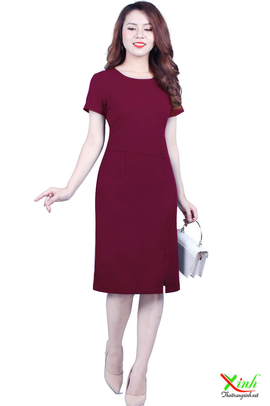 Đầm Đỏ Đô Cherry Xẻ Tà Nhẹ DL792