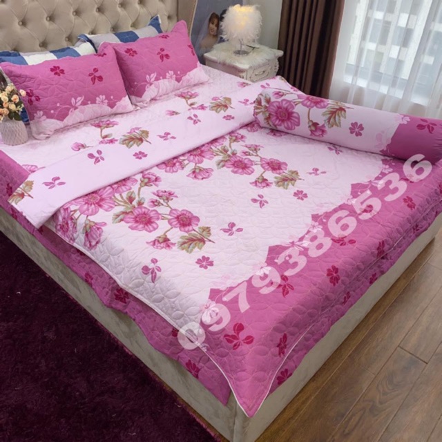 Bộ ga phủ chần bông 5 món - hoa đào hồng