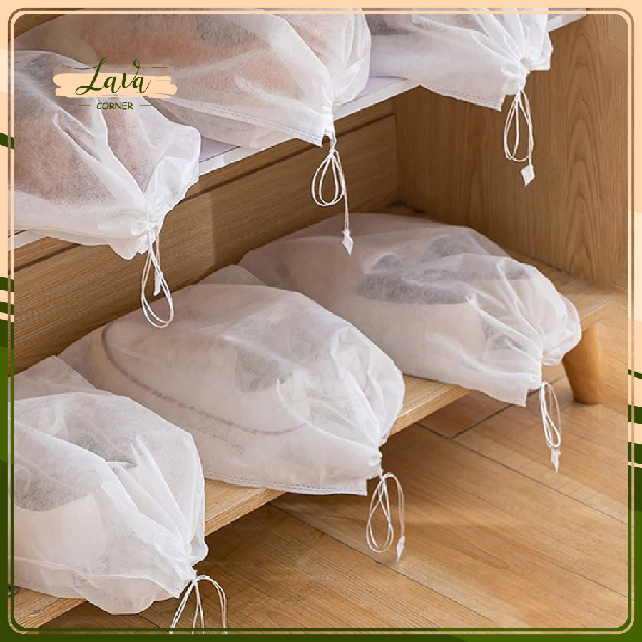 Combo 30 Túi Đựng Giày Đa Năng Vải Không Dệt Trắng Có Dây Kéo Miệng Túi Tiện Dụng Sạch Sẽ