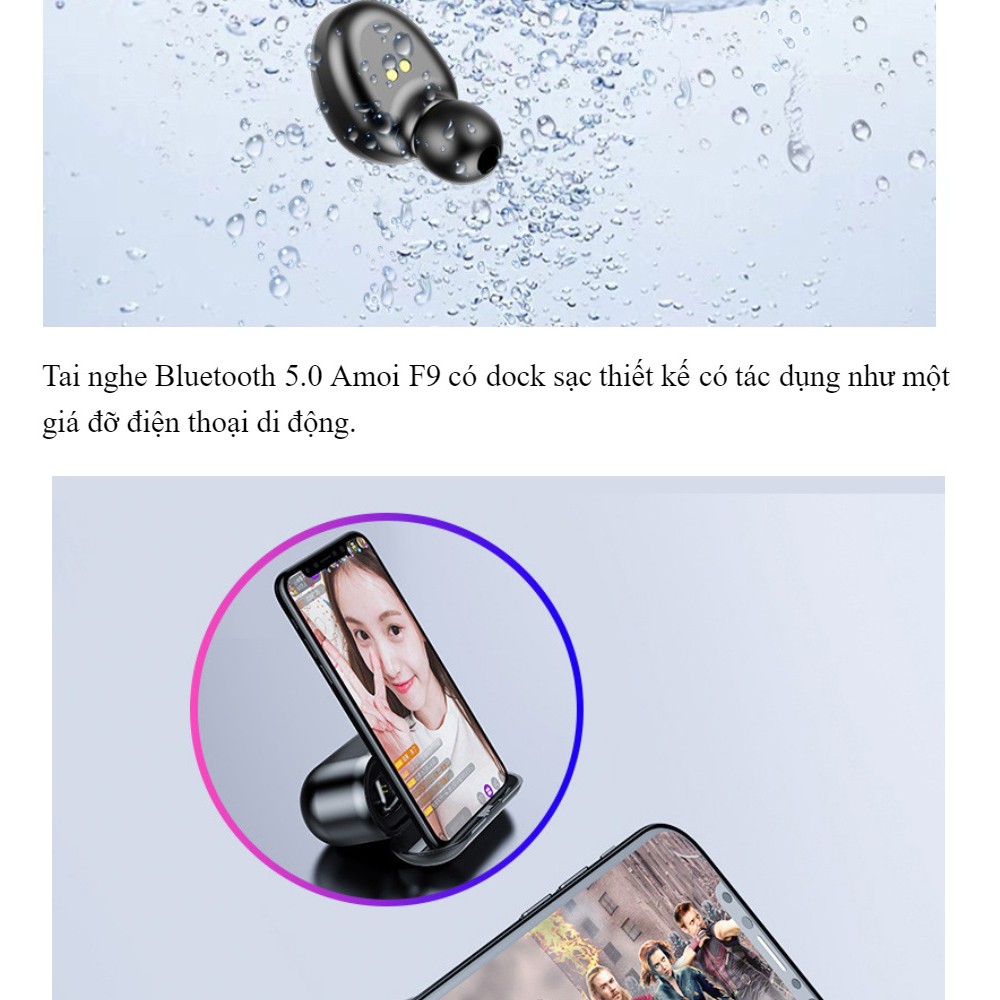 Tai Nghe Bluetooth True Wireless Amoi F9, Kiêm Sạc Dự Phòng Đồng Hồ Hiện Thị % Pin