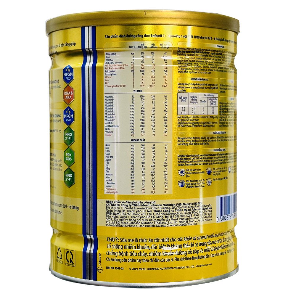 Sữa Enfamil A+ 1 DHA+ MFGM Pro 830G (trẻ 0-6 tháng)
